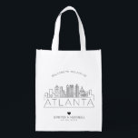 Atlanta, Georgia Wedding | Stylised Skyline Reusable Grocery Bag<br><div class="desc">A unique wedding bag for a wedding taking place in the beautiful city of Atlanta,  Georgia.  This bag features a stylised illustration of the city's unique skyline with its name underneath.  This is followed by your wedding day information in a matching open lined style.</div>
