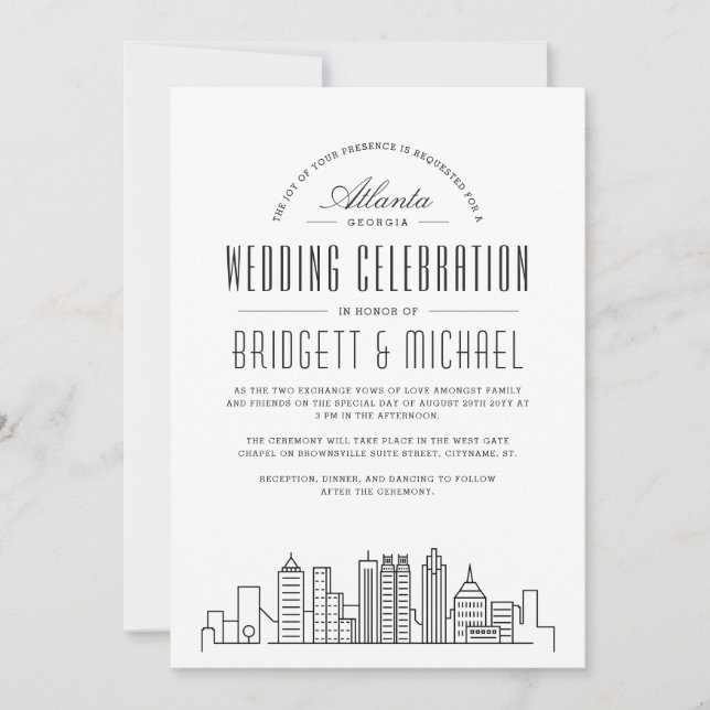 Atlanta Wedding | Modern Deco Skyline  Invitation (Front)