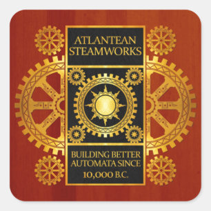 Atlantean Steamworks - Gold & Leather on Wood Square Sticker