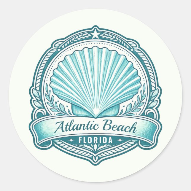 Atlantic Beach FL Coastal Seashell Emblem Classic Round Sticker (Front)