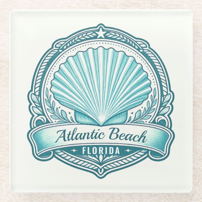 Atlantic Beach FL Coastal Seashell Emblem Glass Coaster (Front)