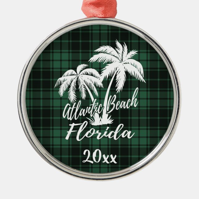 Atlantic Beach Florida Palm Tree Green Plaid Metal Tree Decoration (Front)