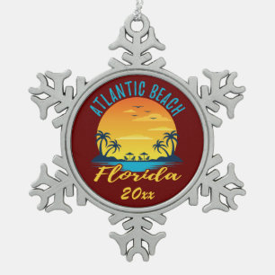 Atlantic Beach Florida Palm Trees Sunset Snowflake Pewter Christmas Ornament