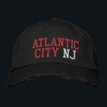 ATLANTIC CITY NJ Red White on Black Vintage Style Embroidered Hat<br><div class="desc">ATLANTIC CITY NJ Red and White embroidery on Black distressed vintage style cotton hat. Embroidery is customisable to other colour choices by selecting the "Edit Design" tool button. Also available is the option to select choice of hat colour on the main item page.</div>