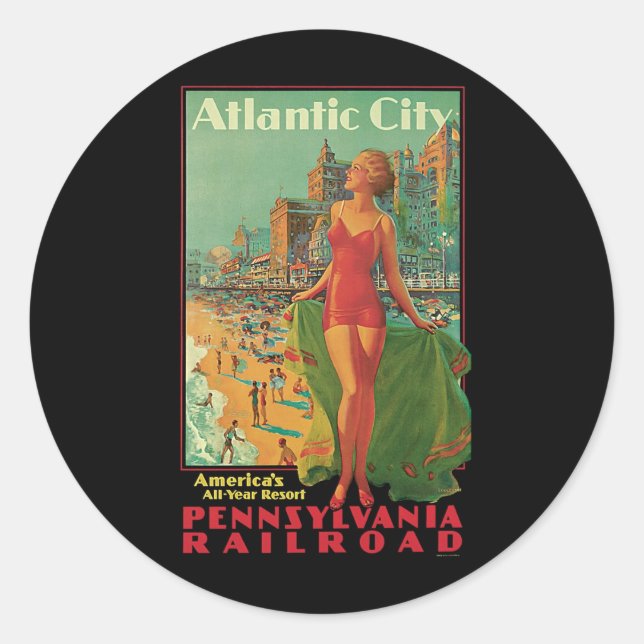 Atlantic City Resort, Pennsylvania Railroad Travel Classic Round Sticker (Front)