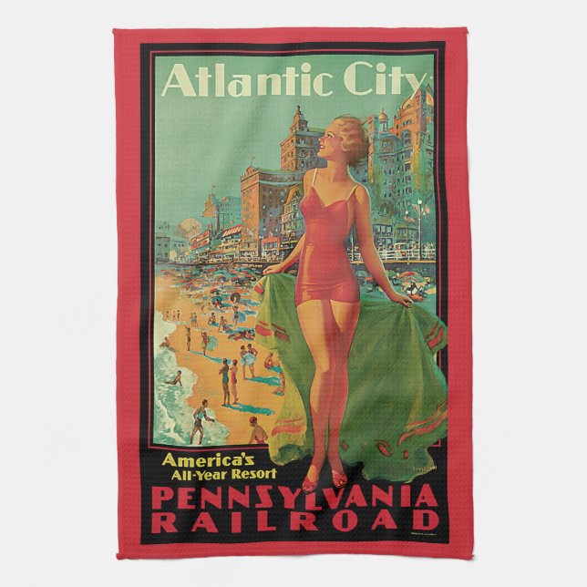 Atlantic City Resort, Pennsylvania Railroad Travel Tea Towel (Vertical)