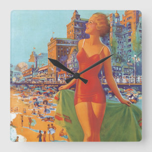 Atlantic City Vintage Travel Poster Square Wall Clock