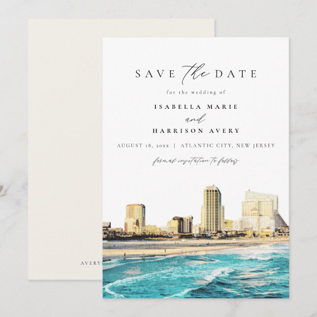 ATLANTIC CITY Watercolor New Jersey City Skyline Invitation (Front/Back)