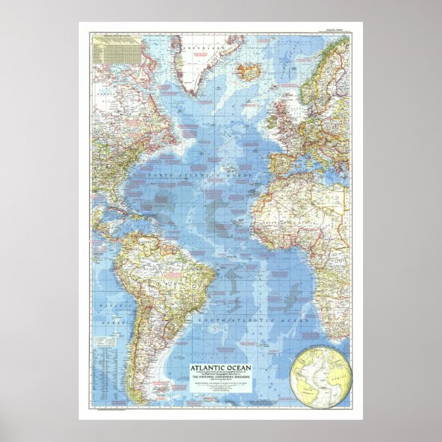 " Atlantic Ocean: 1955 Detailed MAP ... Poster (Front)