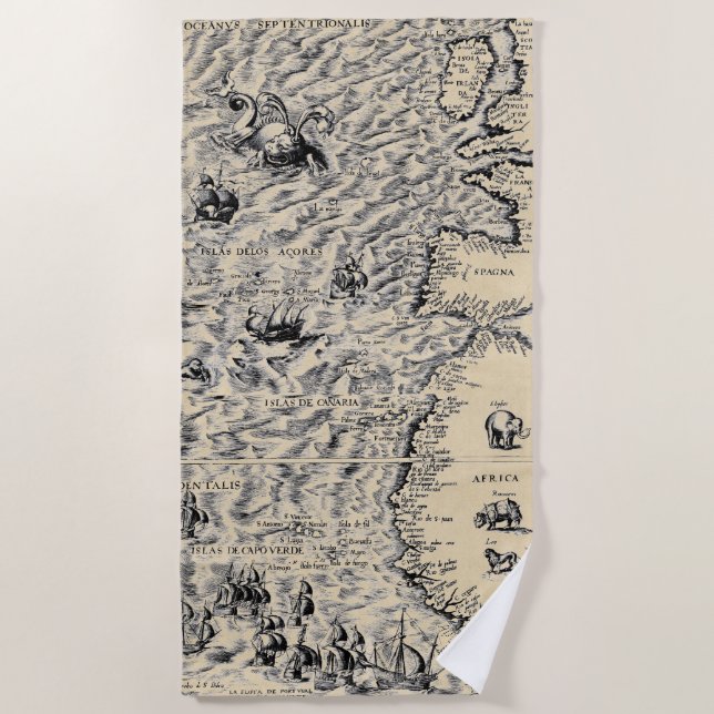 Atlantic Ocean Antique World Map Beach Towel (Front)