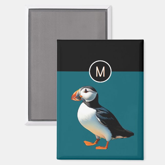 Atlantic Puffin Bird Wildlife Ocean Blue Monogram Magnet (Front/Back)