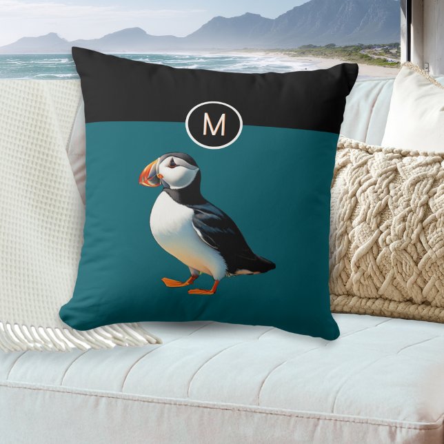 Atlantic Puffin Coastal Bird Wildlife Monogrammed Cushion (A monogrammed pillow with picture of an Atlantic puffin bird on a teal and black background)