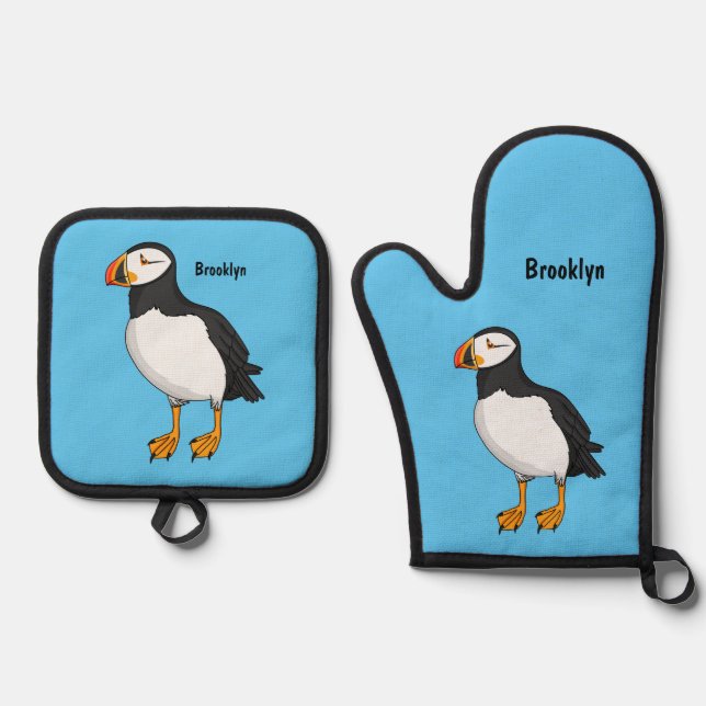 Atlantic puffin illustration oven mitt & pot holder set (Front)