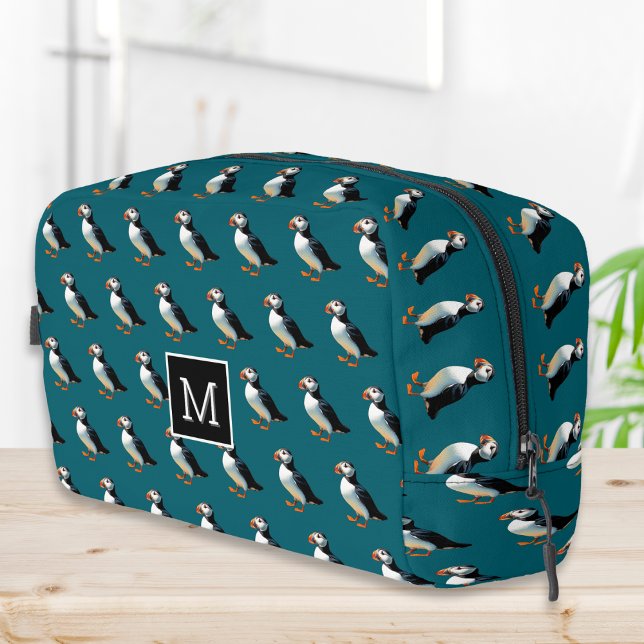 Atlantic Puffin Sea Bird Coastal Wildlife Monogram Dopp Kit (A monogrammed toiletry bag in dark ocean blue, with an Atlantic puffins pattern)