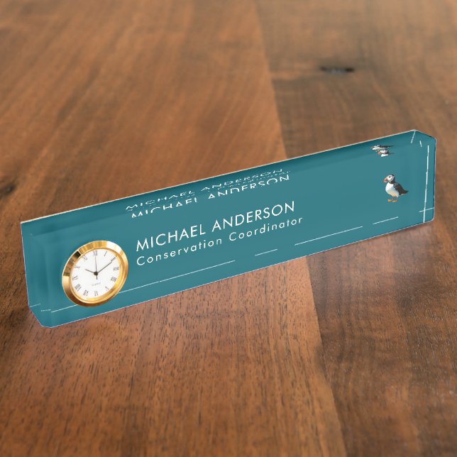 Atlantic Puffin Stylish Teal Personalized Nameplate (Side)