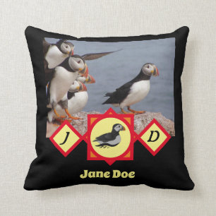 Atlantic Puffin Swimming  Monogram Photo Name Cushion