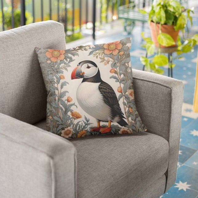 Atlantic Puffin William Morris Inspired Floral Cushion (Creator Uploaded)