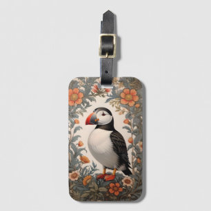 Atlantic Puffin William Morris Inspired Floral Luggage Tag