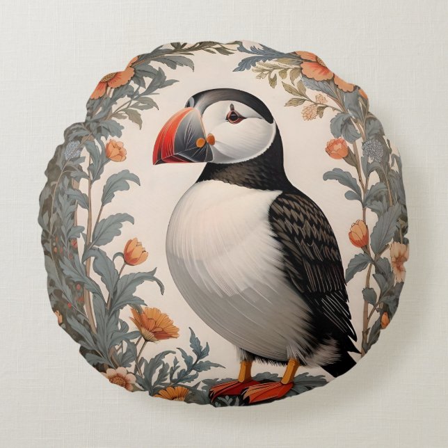 Atlantic Puffin William Morris Inspired Floral Round Cushion (Front)