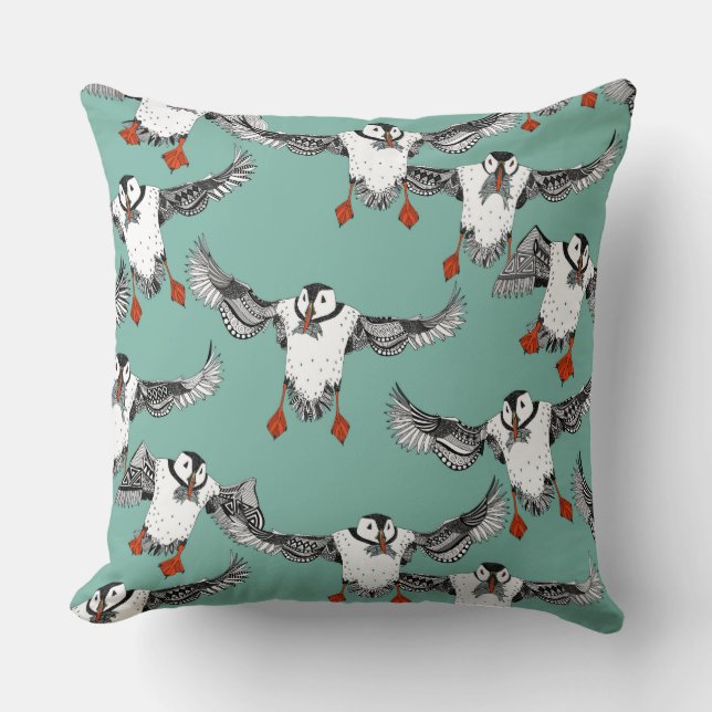 Atlantic Puffins mint Cushion (Front)