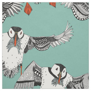 Atlantic Puffins mint Fabric