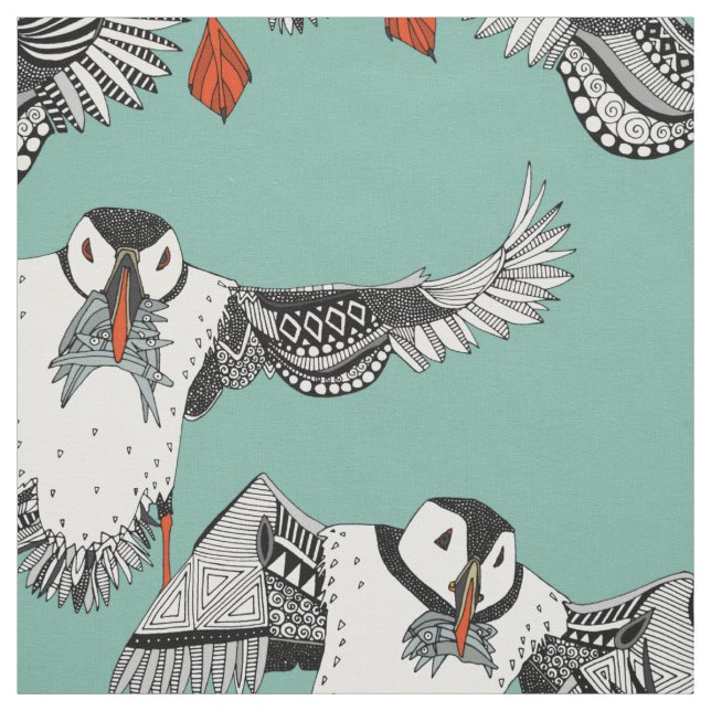 Atlantic Puffins mint Fabric (Swatch)