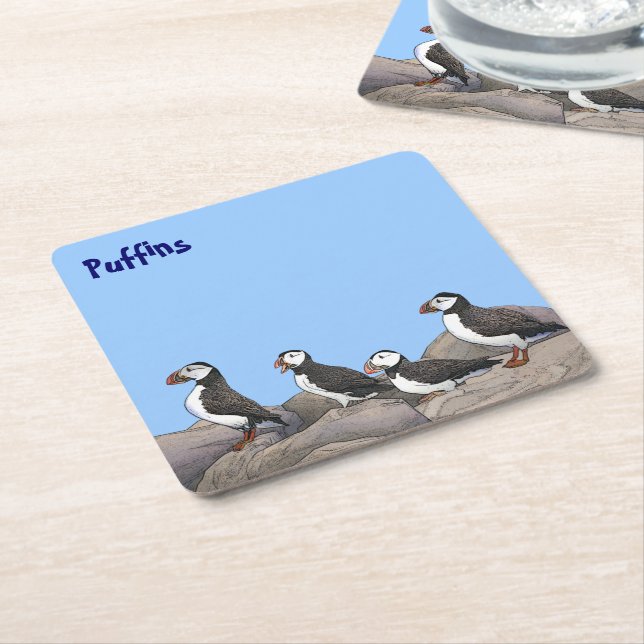 Atlantic Puffins Square Paper Coaster (Angled)