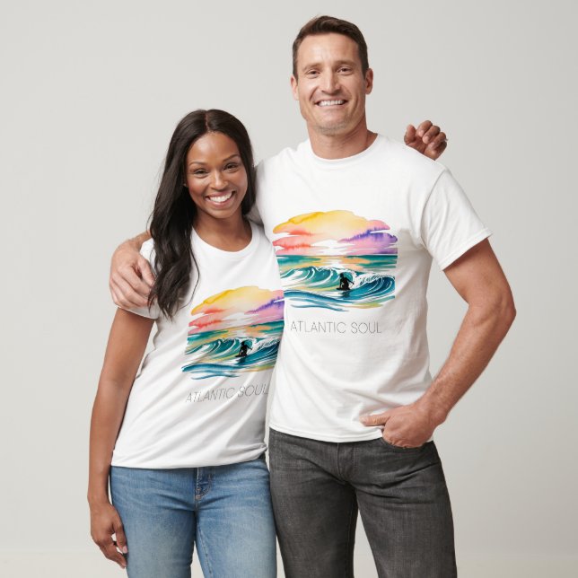ATLANTIC SOUL Surfer Sunset Watercolor Ocean Wave  T-Shirt (Unisex)