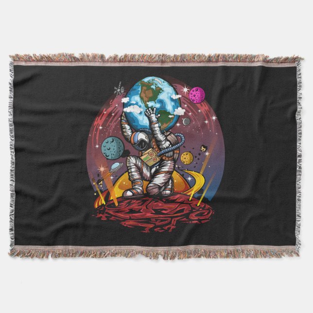 Atlas Astronaut Holding Earth Mars Epic Galaxy Art Throw Blanket (Front)