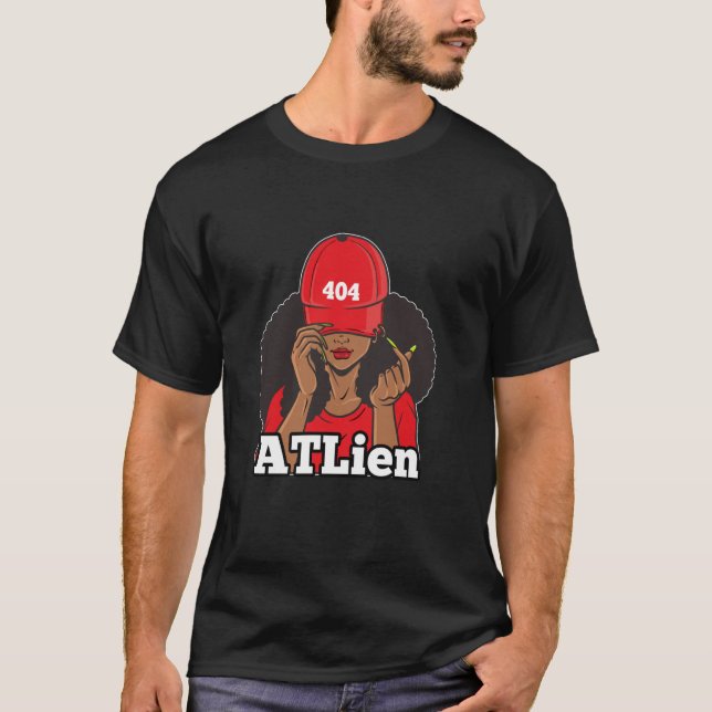 ATLien 404 Atlanta ATL Area Code Black Woman Afro T-Shirt (Front)