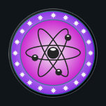 Atom Symbol on a Pink background Magnet<br><div class="desc">Science themed image. A circular shaped image with the symbol of the atom inside. A pink background contrasts with the black symbol. A purple border with white stars circles around the illustration. A cool image for geeks and science buffs.</div>