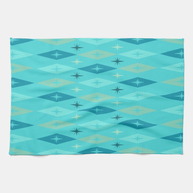 Atomic 1950’s Diamonds Stars Turquoise Tea Towel (Horizontal)