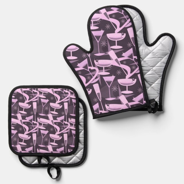 Atomic 50s Retro Martini Cocktail Pattern Oven Mitt & Pot Holder Set (Front/Back)