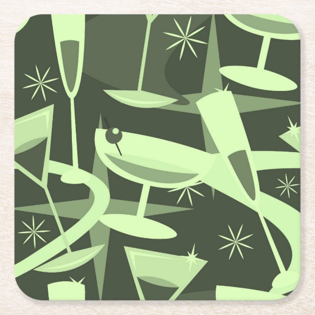 Atomic 50s Retro Martini Cocktail Pattern Square Paper Coaster (Front)