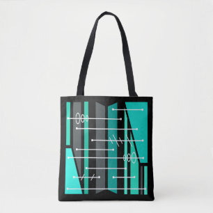 Atomic Abstract Geometric Art Black Turquoise Tote Bag