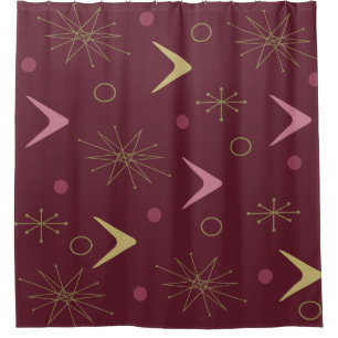 Atomic Age Boomerangs Starbursts Dark Red Gold Shower Curtain