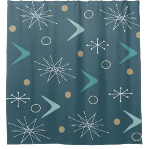 Atomic Age Boomerangs Starbursts Teal Gold Shower Curtain