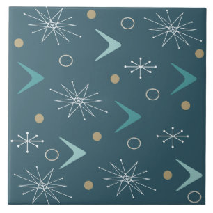 Atomic Age Boomerangs Starbursts Teal Gold Tile