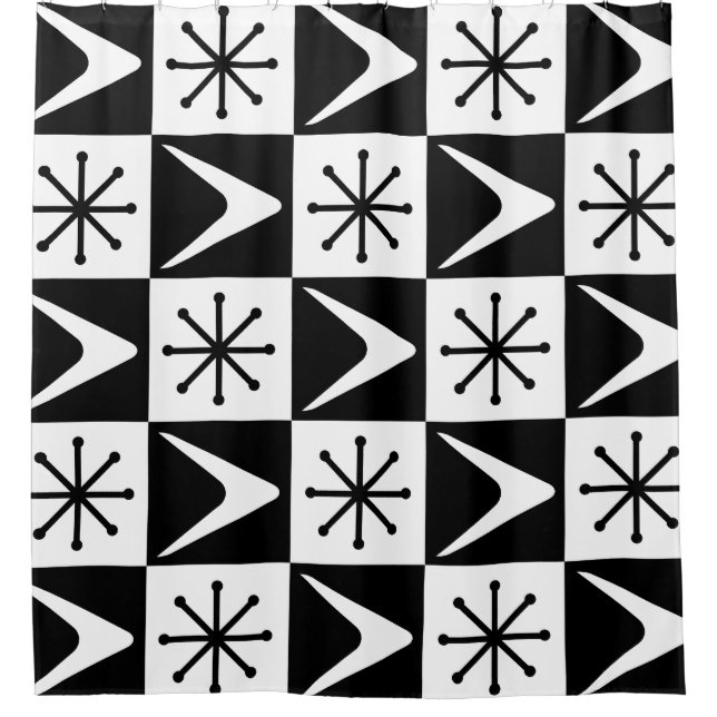 Atomic Age Chequered Boomerangs Black White Shower Curtain (Front)