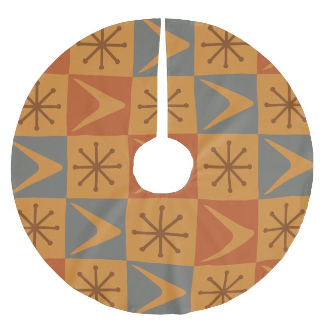 Atomic Age Chequered Boomerangs Burnt Orange Brushed Polyester Tree Skirt (Front)