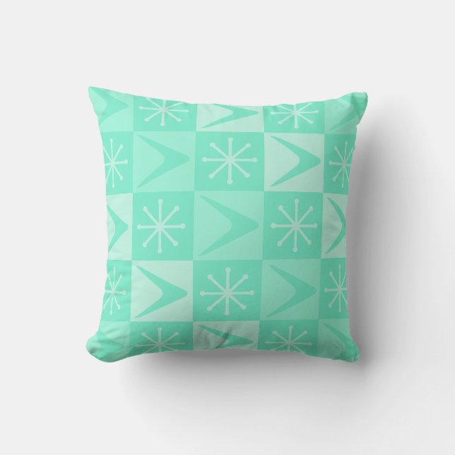 Atomic Age Chequered Boomerangs Mint Green Cushion (Front)