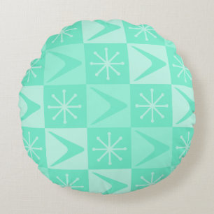 Atomic Age Chequered Boomerangs Mint Green Round Cushion