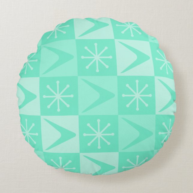 Atomic Age Chequered Boomerangs Mint Green Round Cushion (Front)