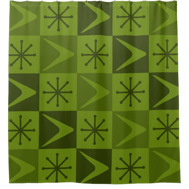 Atomic Age Chequered Boomerangs Olive Shower Curtain (Front)