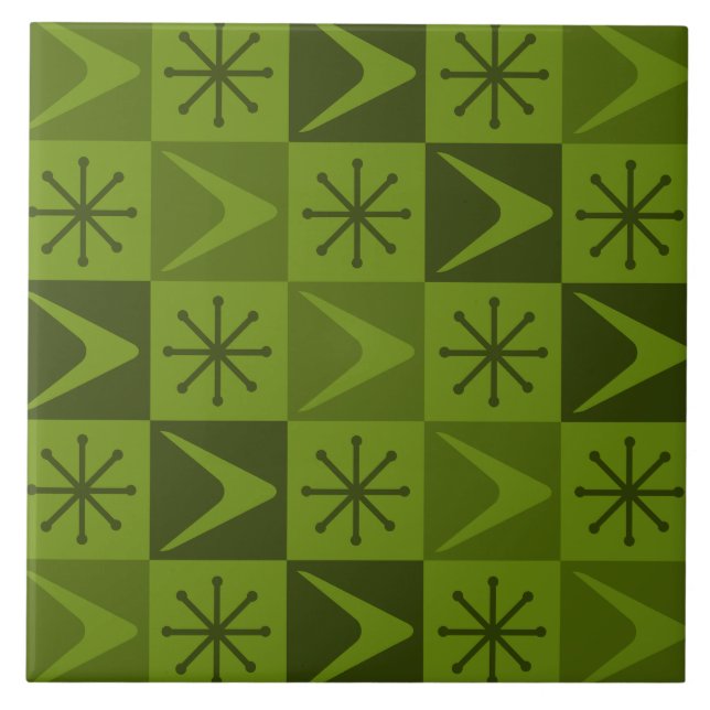 Atomic Age Chequered Boomerangs Olive Tile (Front)