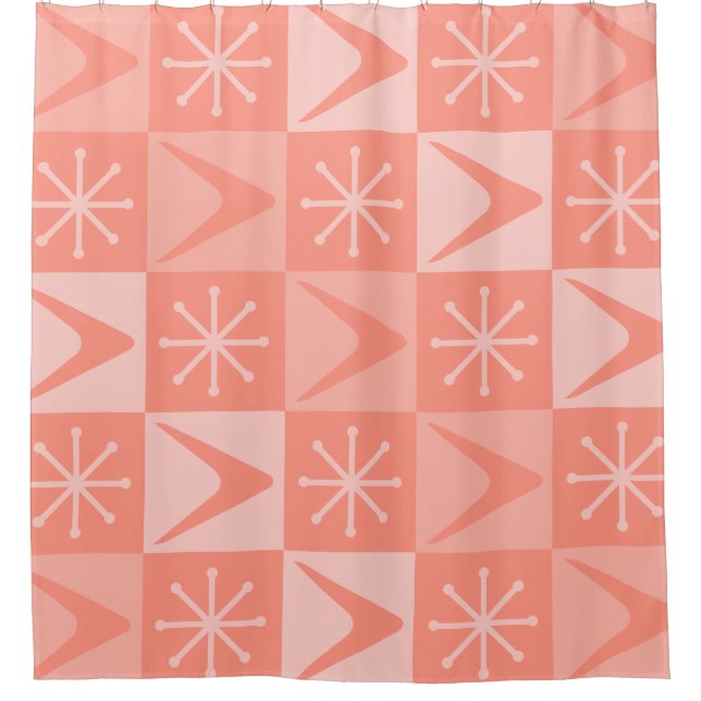 Atomic Age Chequered Boomerangs Peach Shower Curtain (Front)