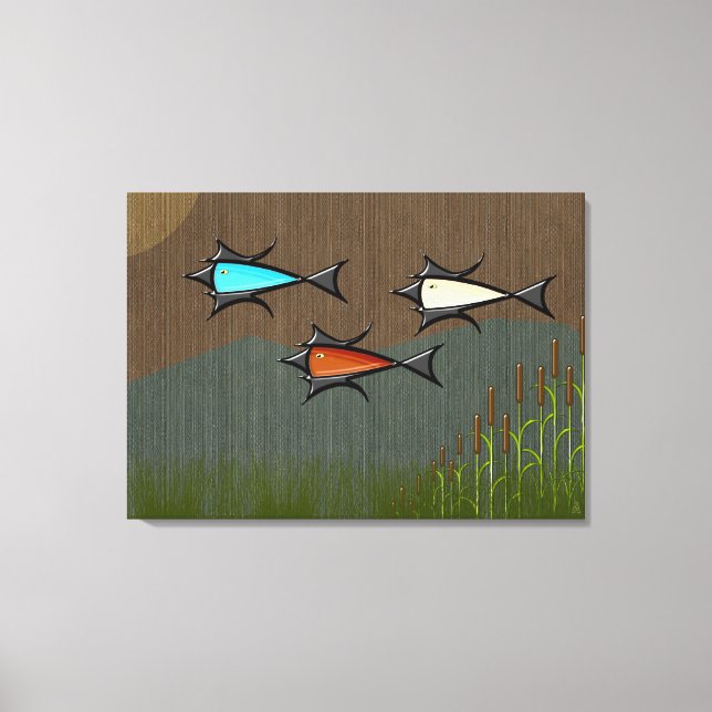 Atomic Age Flying Fish, Cattails on Woven Raffia Canvas Print (Front)