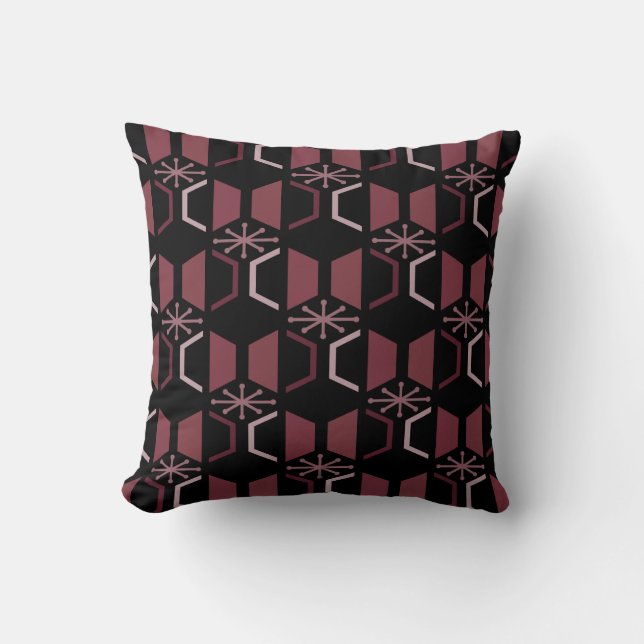 Atomic Age Hexagons Black Burgundy Cushion (Front)