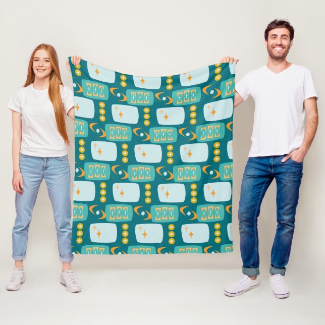 Atomic Age MCM Pattern in Teal, Aqua, Orange Fleece Blanket (In Situ)