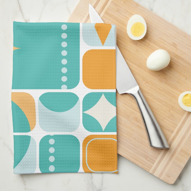 Atomic Age Mid Century Abstract Teal, Aqua, Orange Tea Towel (Quarter Fold)
